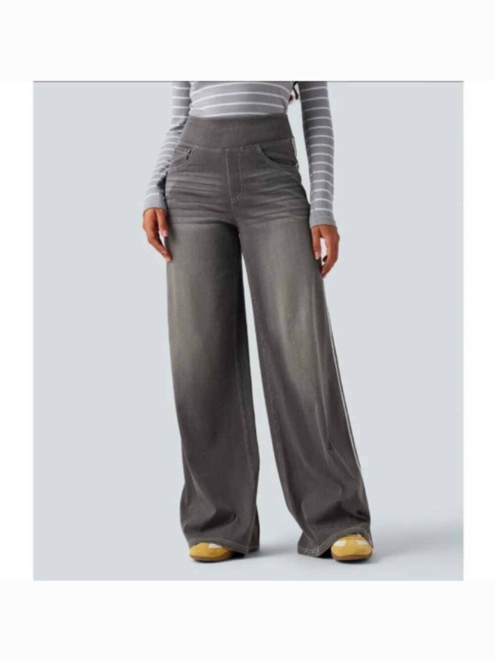 Halara Flex High Waisted Stripe Wide Leg Flowy Jeans Gray Size Medium - Picture 3 of 12